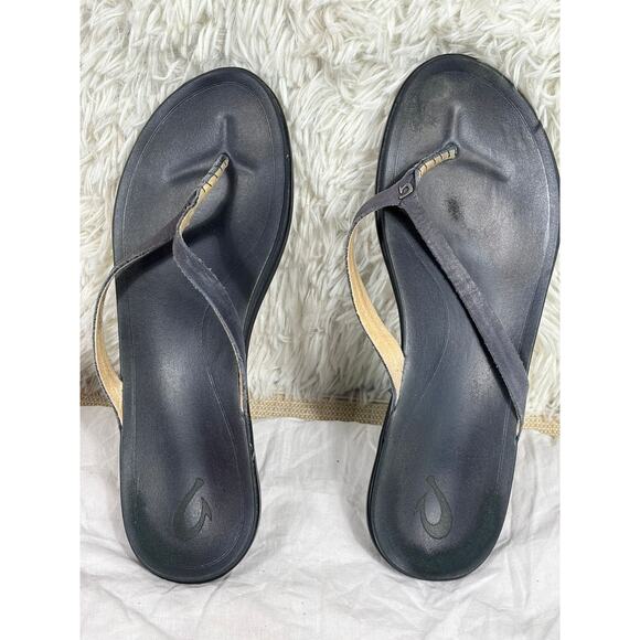 Olukai Womens Ho’opio 20290-54DE Leather Flip Flops Sandals Navy Trench Blue 11 - Picture 2 of 7